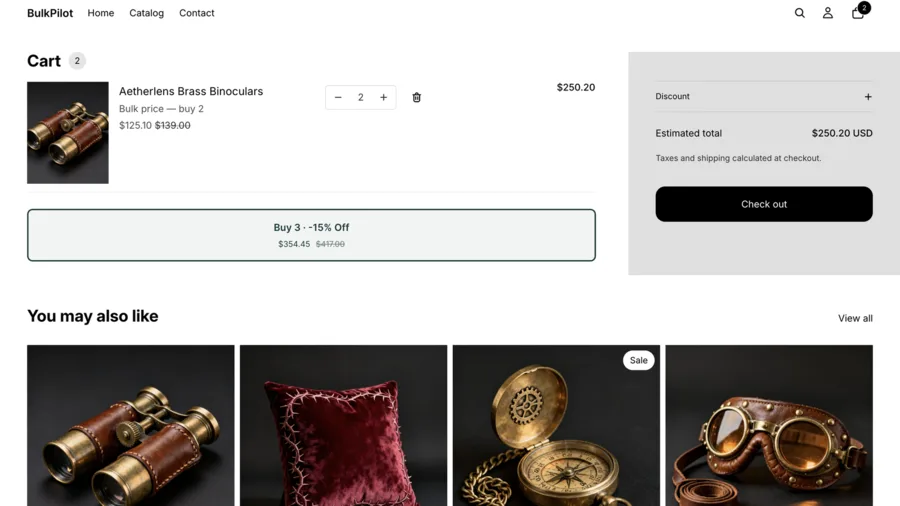 A Shopify cart page with a bulk-price line item at the Buy 2 tier price, and a “Buy 3 · -15% Off” prompt below it