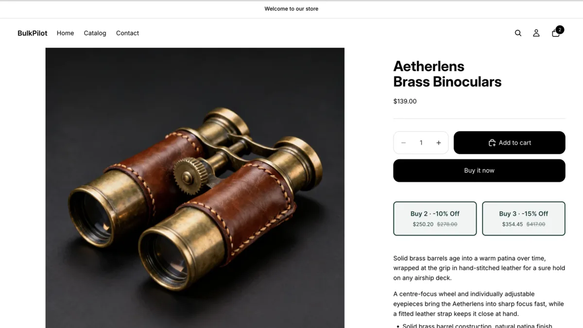 A Shopify product page showing “Buy 2 · -10% Off” and “Buy 3 · -15% Off” bulk-price buttons under the Add to cart button